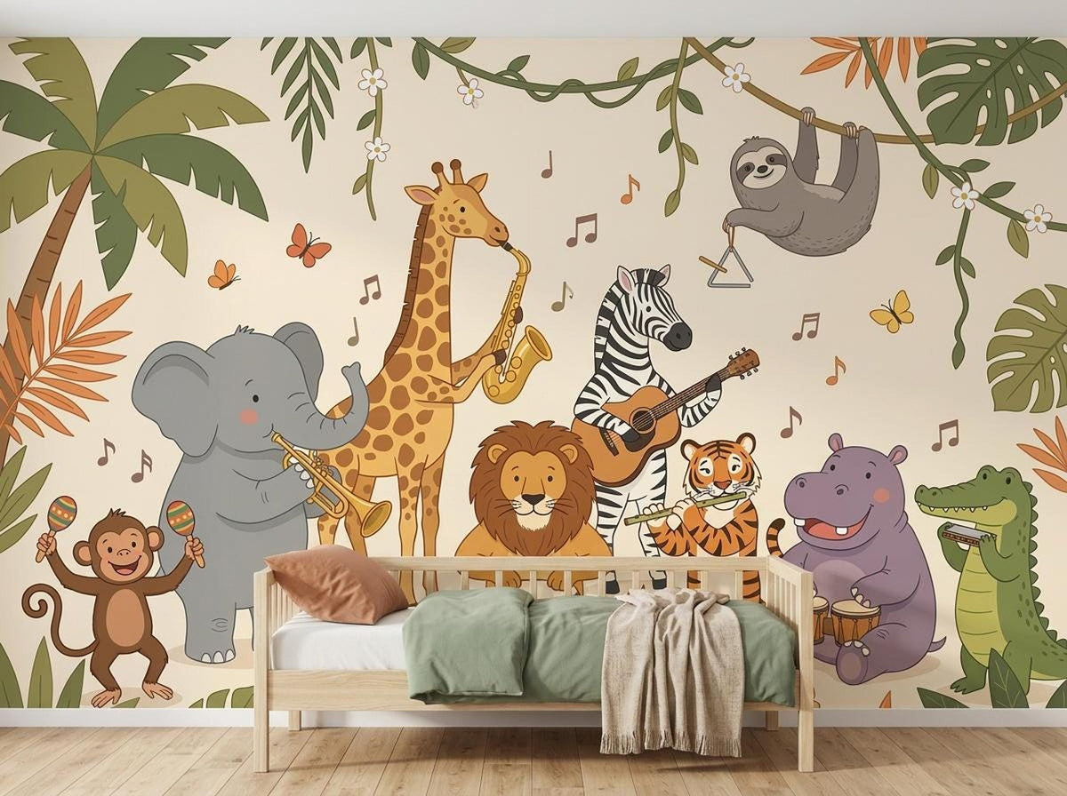 A children's room wallpaper showcases cartoon jungle animals playing various instruments, positioned behind a wooden bed with green and beige bedding.