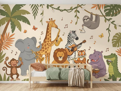 A children's room wallpaper showcases cartoon jungle animals playing various instruments, positioned behind a wooden bed with green and beige bedding.