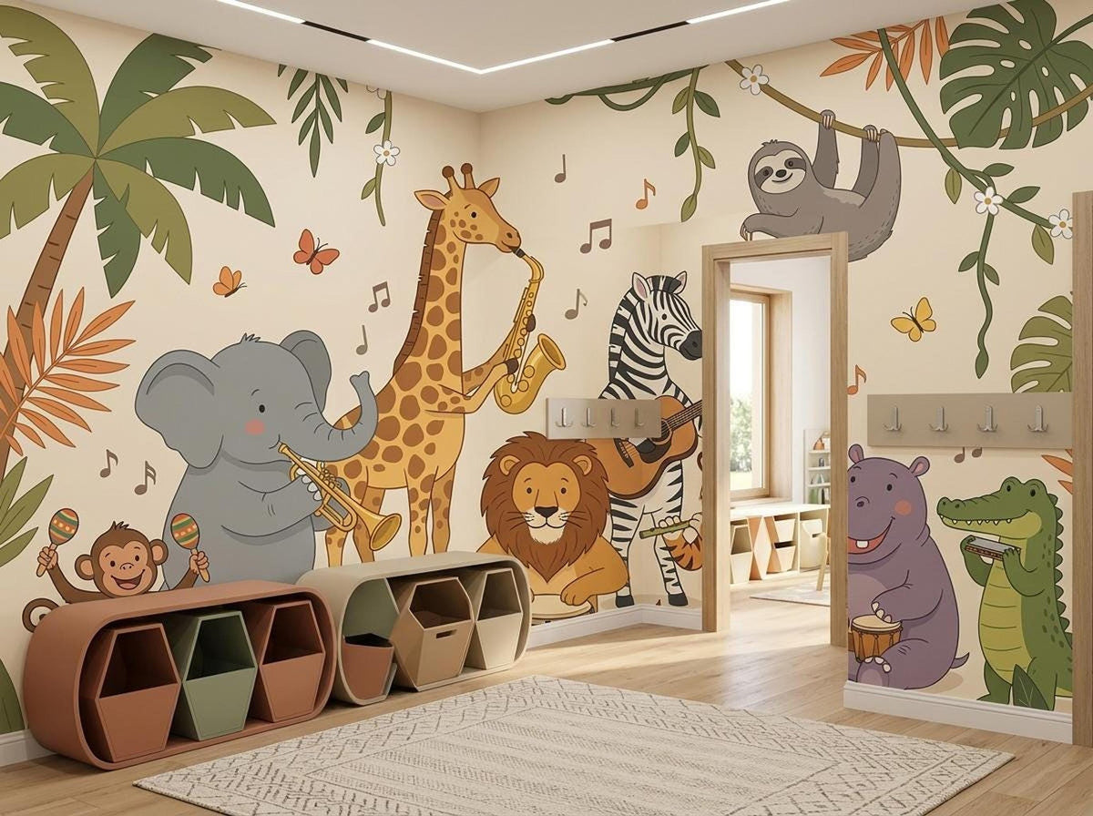 A playroom wall is decorated with a tropical jungle animal orchestra mural, featuring a doorway, colorful hexagon storage units, and a patterned rug.