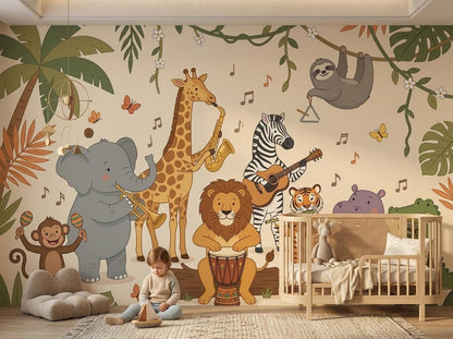 A whimsical cartoon jungle animal orchestra wallpaper covers the nursery wall behind a child playing on the floor next to a crib.