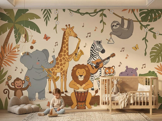 A whimsical cartoon jungle animal orchestra wallpaper covers the nursery wall behind a child playing on the floor next to a crib.