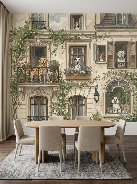 A watercolor wallpaper mural featuring a European building facade with various dog breeds looking out from windows and balconies, displayed behind a dining table and chairs.