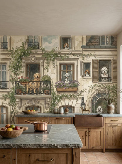 A watercolor wallpaper mural of a European building with various dogs in windows, featured on the wall above a kitchen with wooden cabinets and a copper sink.