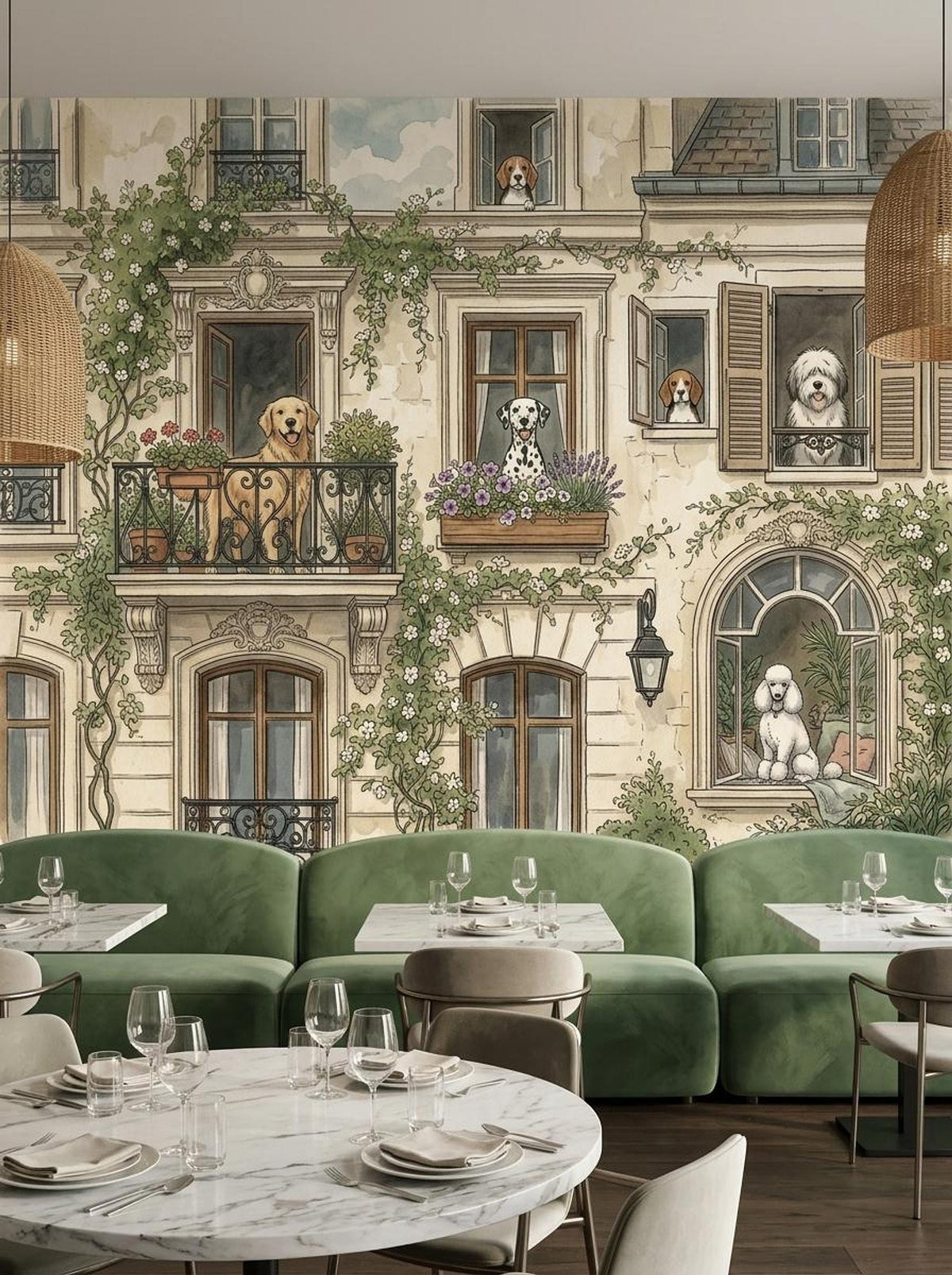 A watercolor wallpaper depicting a European building with various dogs peeking from windows, mounted on the wall behind green restaurant booths and marble-topped tables.