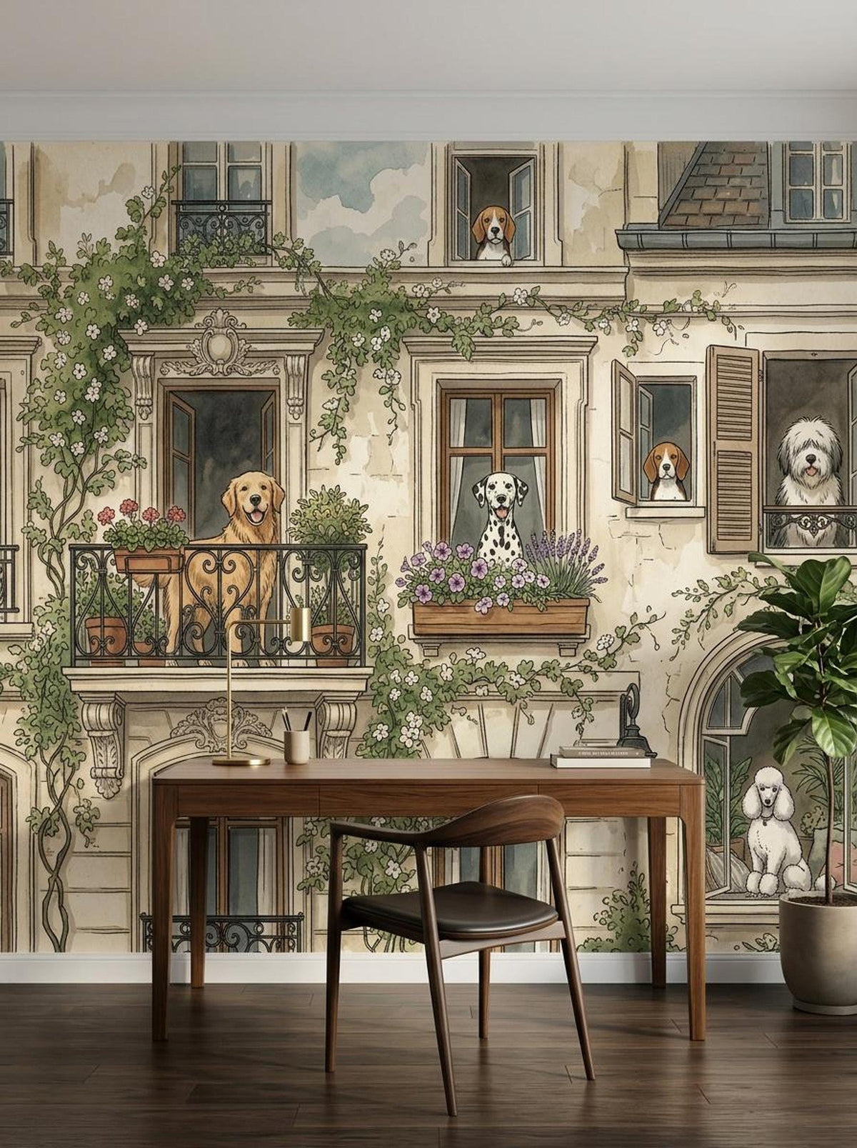 A watercolor wallpaper mural of a European building facade with multiple dogs in windows, positioned behind a wooden desk and chair setup.