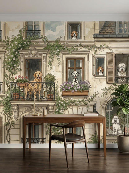 A watercolor wallpaper mural of a European building facade with multiple dogs in windows, positioned behind a wooden desk and chair setup.