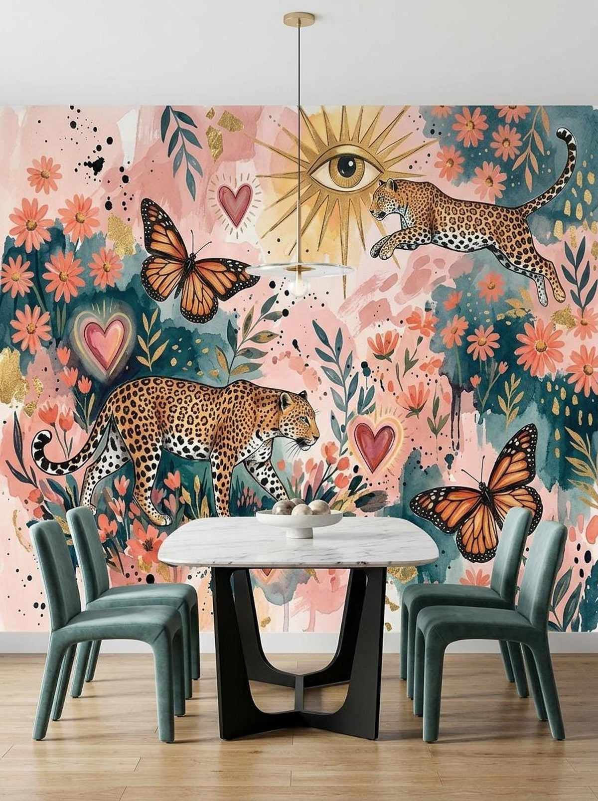 A whimsical floral mural with leopards and butterflies is displayed behind a marble dining table with green chairs.