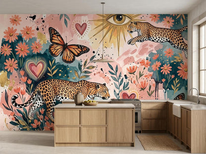 A leopard and butterfly wall mural is displayed behind a wooden kitchen counter and modern cabinets.