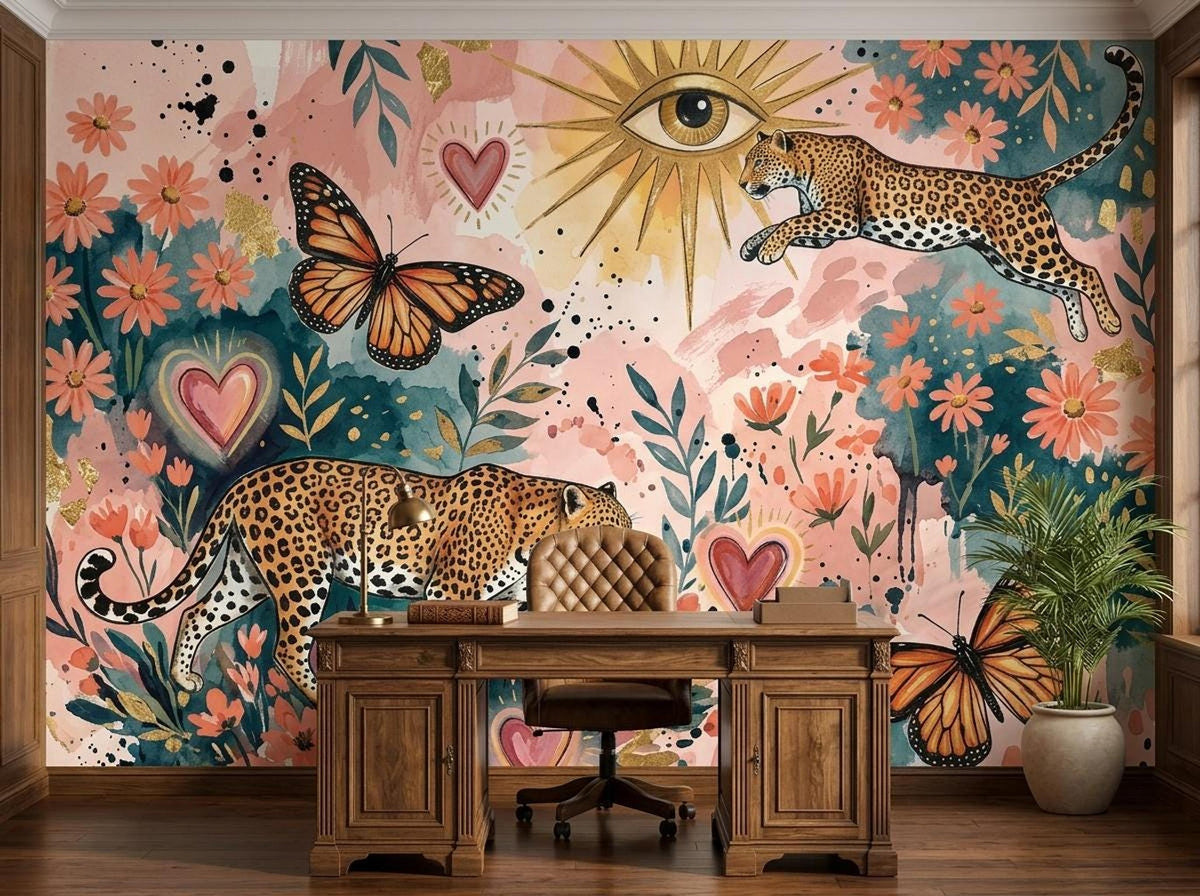 A wooden desk sits in front of a colorful wall mural depicting leopards, butterflies, and a large golden eye.