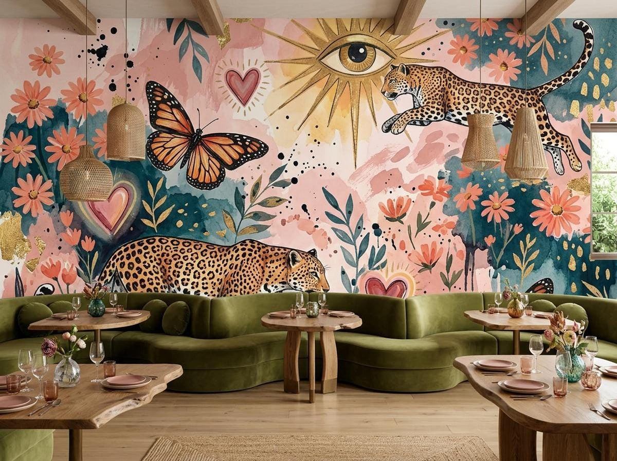 A restaurant interior features green velvet booths beneath a large, colorful mural of leopards, butterflies, and hearts.