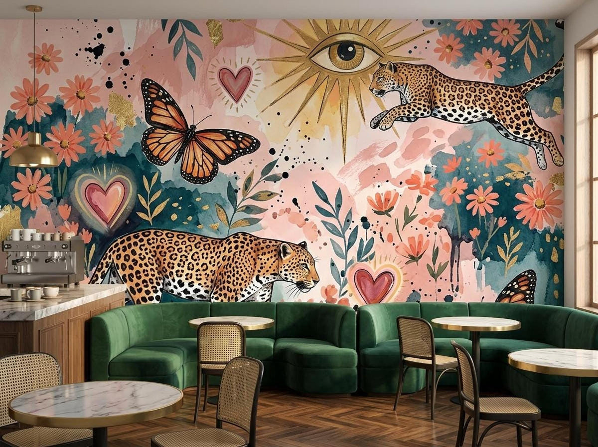 A coffee bar counter stands before a wall mural filled with leopards, butterflies, and floral patterns.