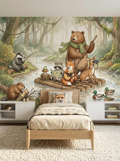 A child's bedroom featuring a woodland animal wall mural behind a single bed flanked by two white nightstands.