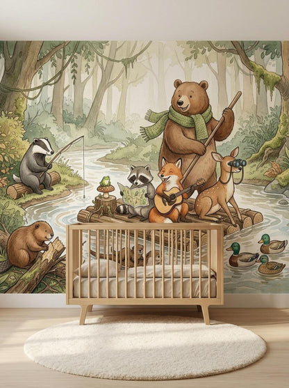 A nursery wall mural of a watercolor forest scene with woodland animals, positioned behind a wooden baby crib on a round rug.