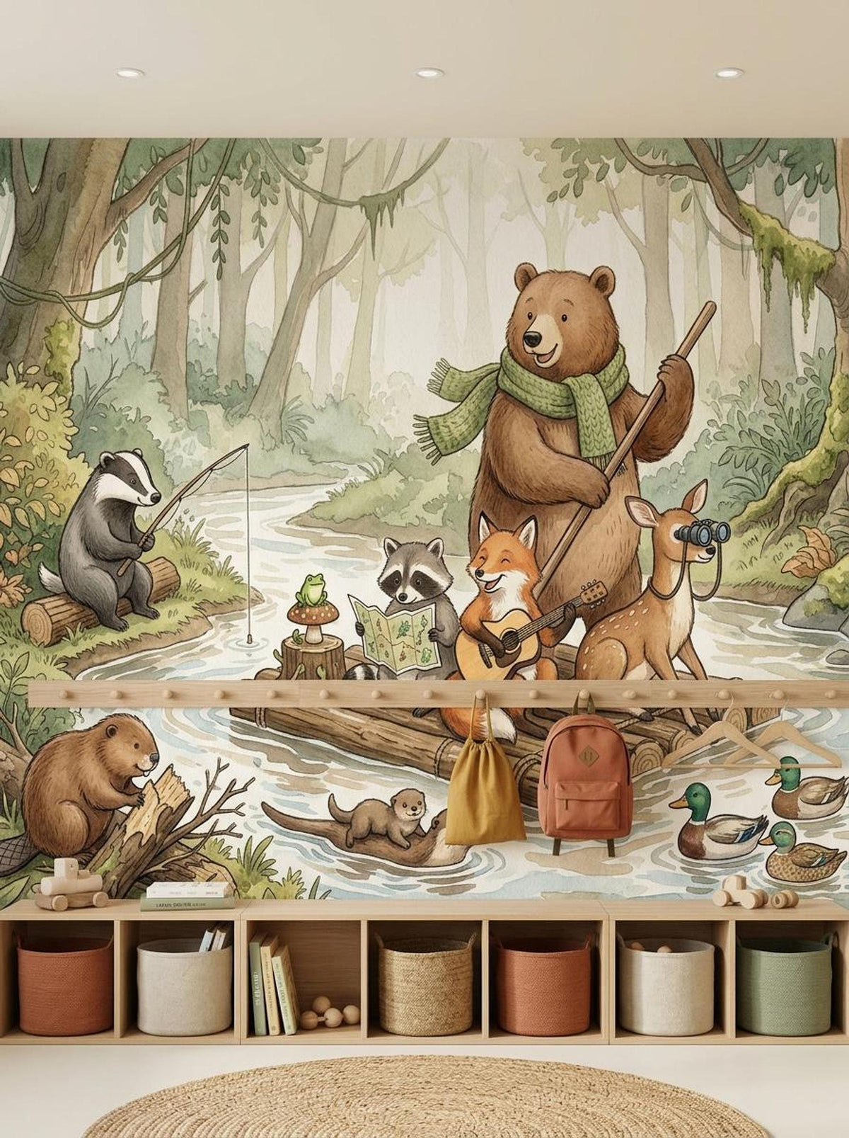 A woodland animal wall mural showing a bear, fox, raccoon, and deer on a raft, with a badger fishing and a beaver on the riverbank, set behind a wooden shelf unit.