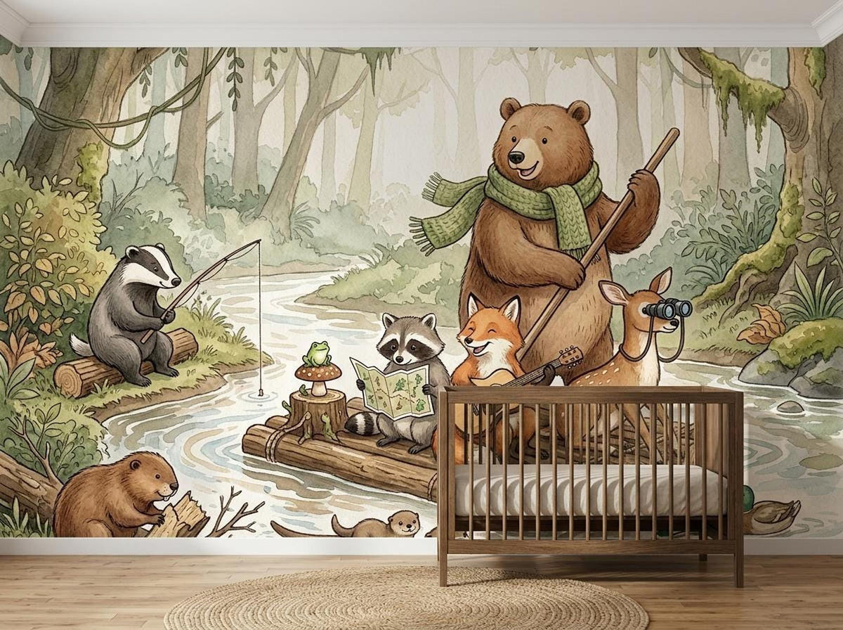 A wall mural of watercolor forest animals on a river, placed behind a wooden crib.