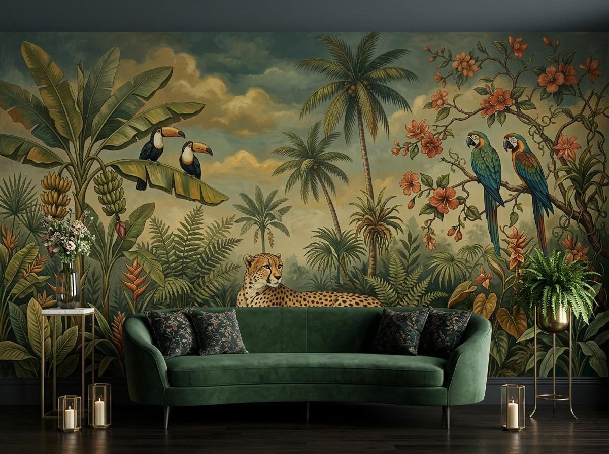 A room with a tropical jungle mural wallpaper featuring a cheetah, toucans, and parrots, with a green sofa in front.