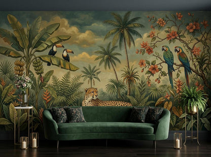 A room with a tropical jungle mural wallpaper featuring a cheetah, toucans, and parrots, with a green sofa in front.