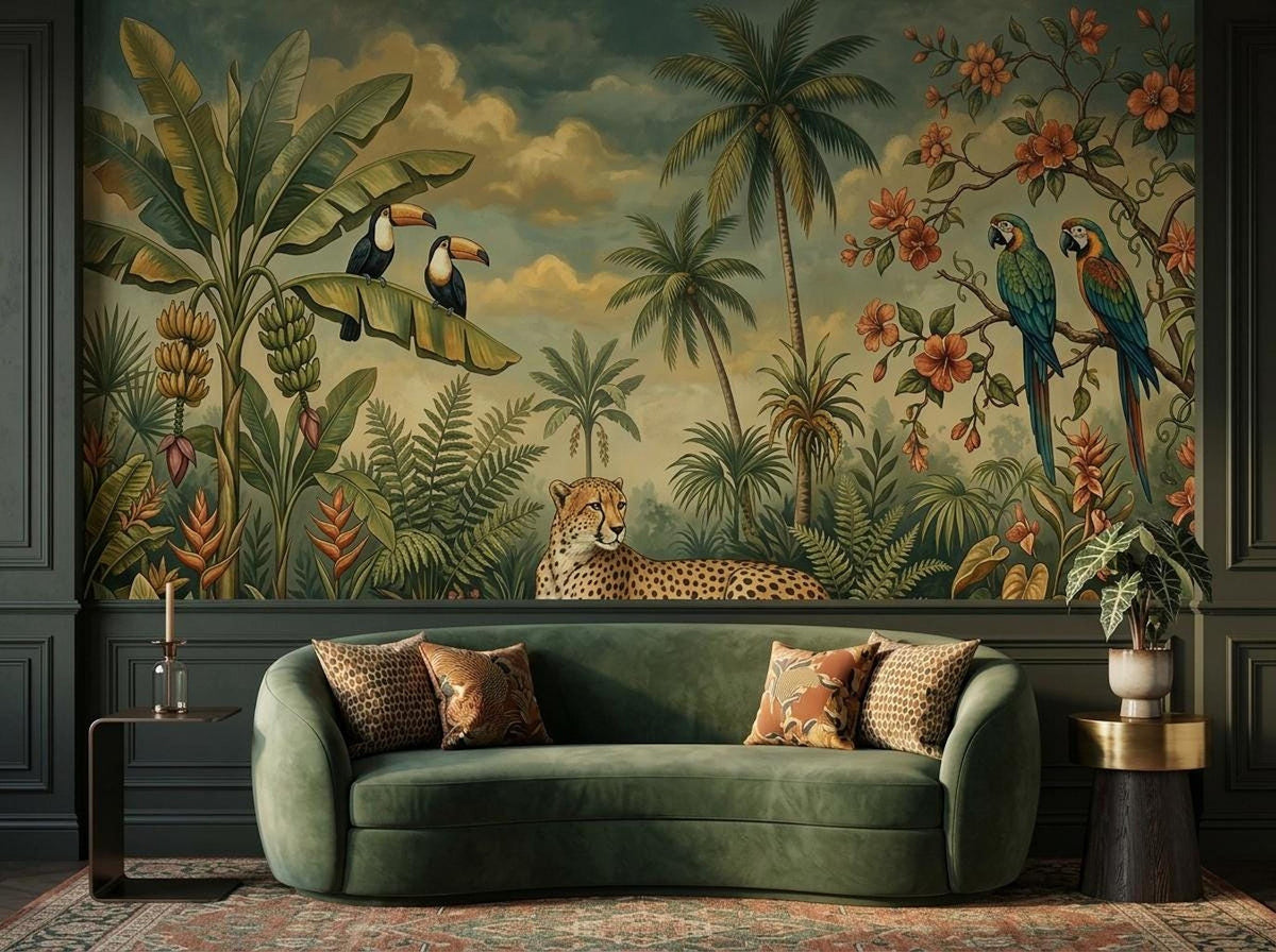 A living room setup with a maximalist botanical wallpaper mural showing a cheetah, palm trees, and parrots above a curved green velvet sofa.