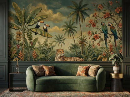 A living room setup with a maximalist botanical wallpaper mural showing a cheetah, palm trees, and parrots above a curved green velvet sofa.