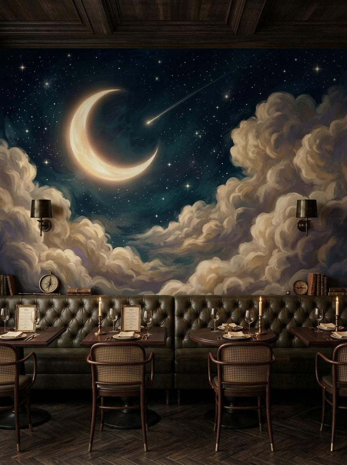 A seating area with tufted green banquettes, small tables, and a whimsical wall mural showing a crescent moon, shooting star, and stylized clouds.