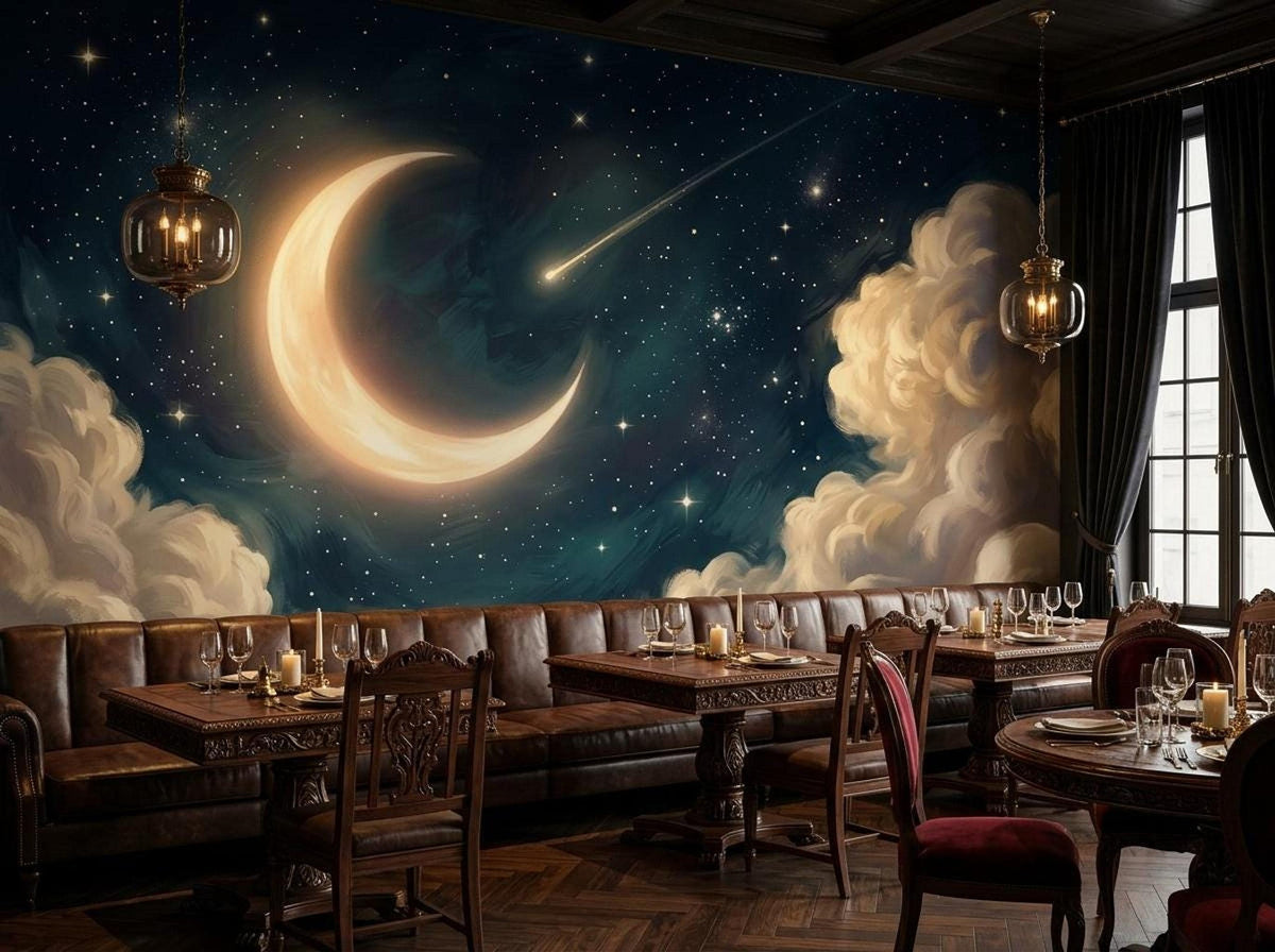 A restaurant interior with leather booths, wooden tables, and a large celestial wall mural depicting a glowing crescent moon, stars, and fluffy clouds.