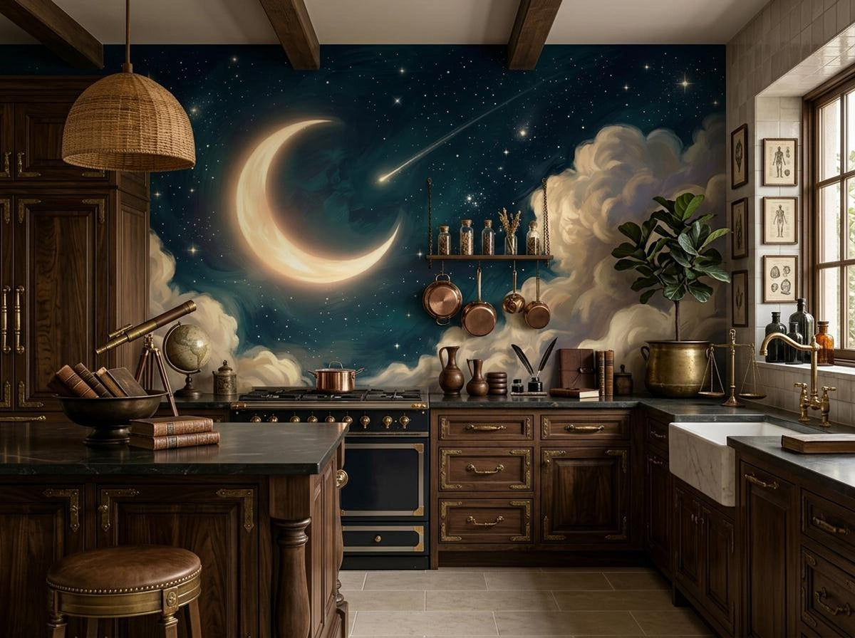A kitchen with dark wood cabinetry, brass fixtures, potted plants, and a wall mural featuring a glowing crescent moon, stars, and fluffy clouds.