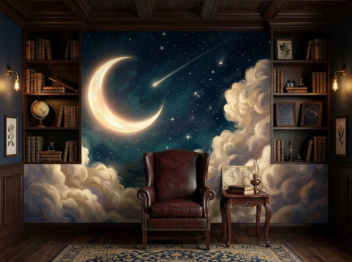 A library setting with a brown leather armchair, built-in bookshelves, a small side table, and a wall mural depicting a glowing crescent moon and stars.