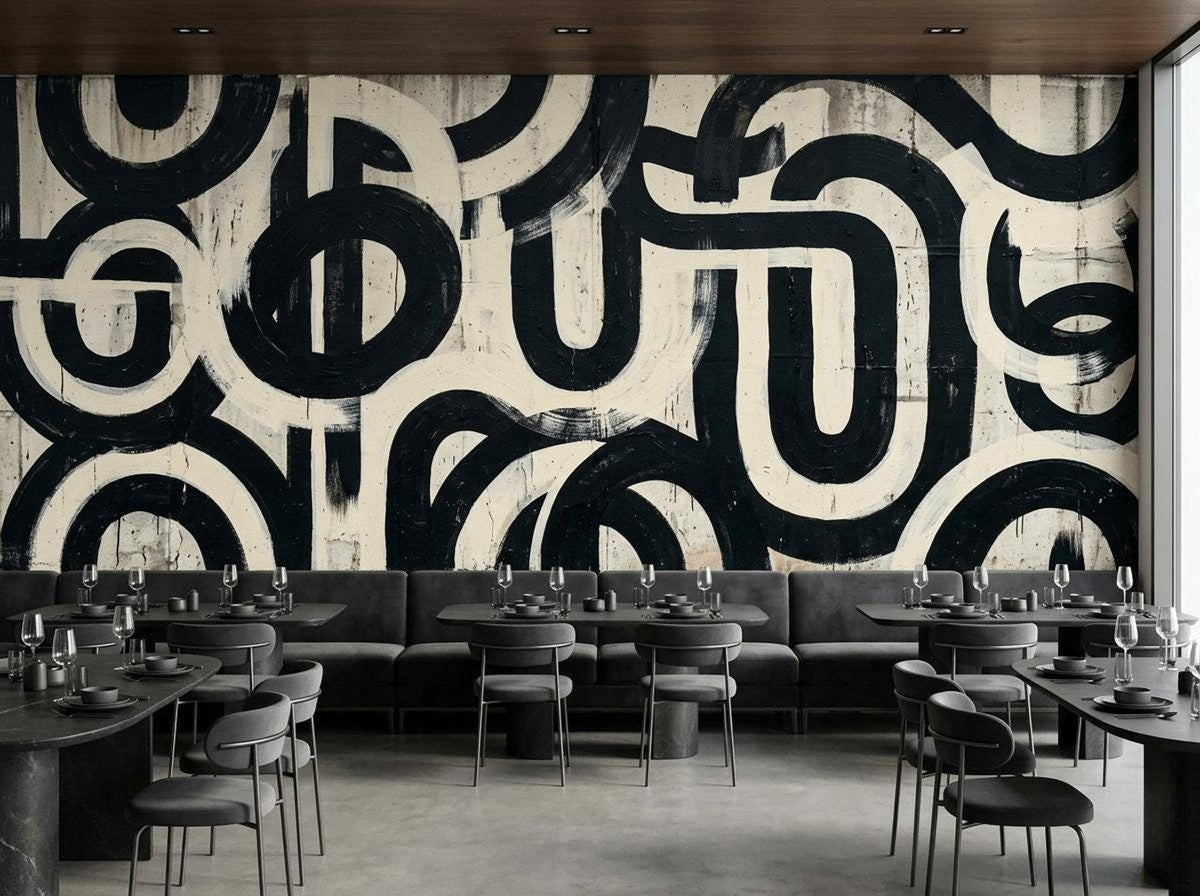 A modern restaurant setup with gray banquette seating, black tables, and a large abstract black and white brushstroke feature wall.