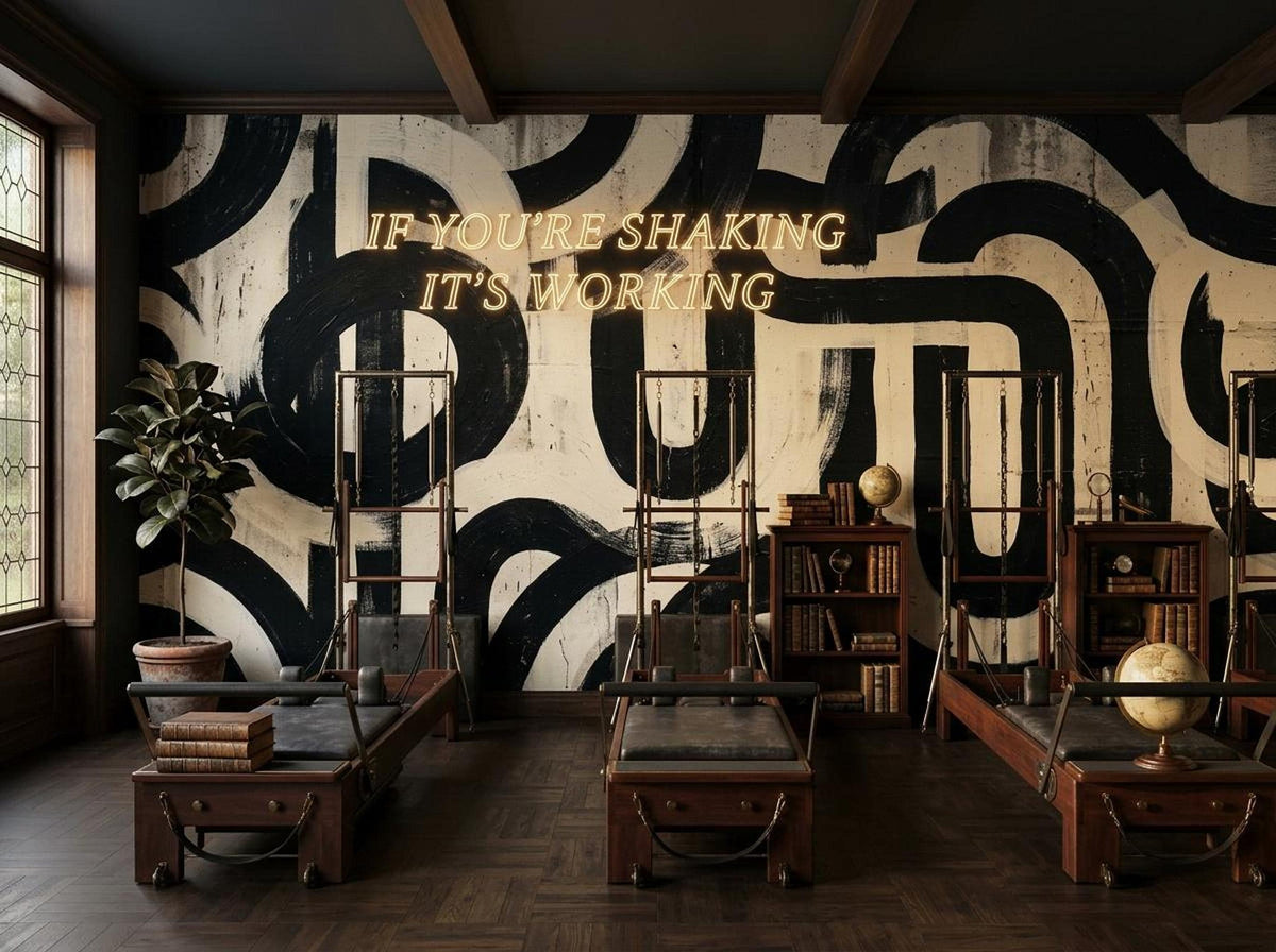 A fitness studio featuring pilates reformers and a neon sign reading 'if you're shaking it's working' mounted on an abstract black and white brushstroke wall.