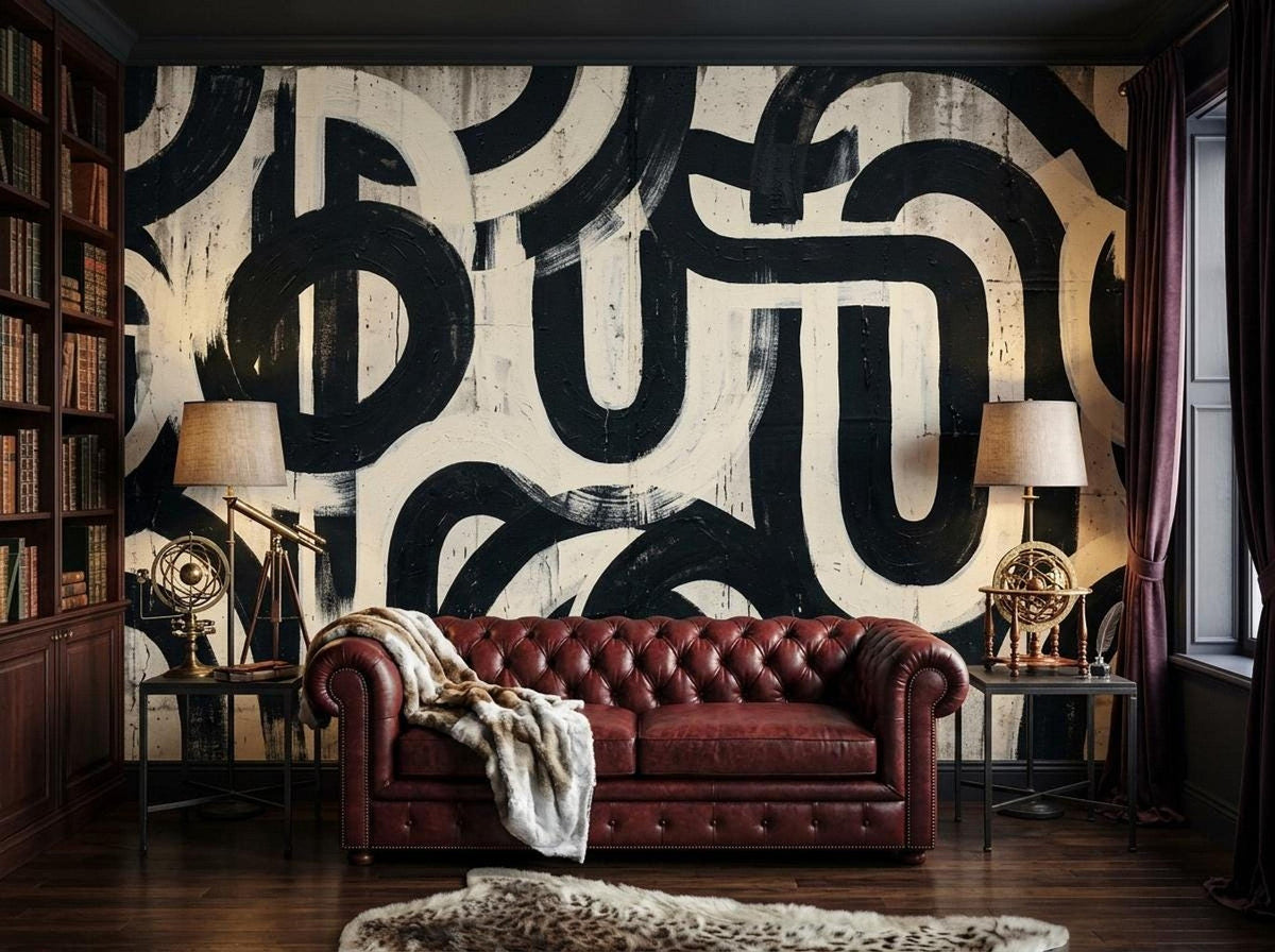 A room featuring a large black and white abstract brushstroke wallpaper, a red leather tufted sofa, and a built-in bookcase.
