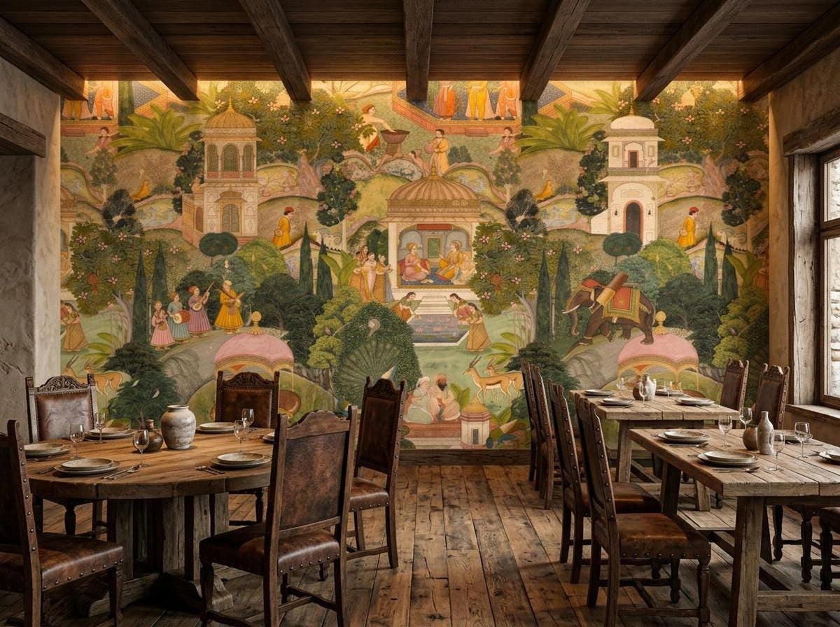 Several wooden dining tables and chairs are set within a rustic restaurant space featuring a colorful Indian miniature painting mural wallpaper.
