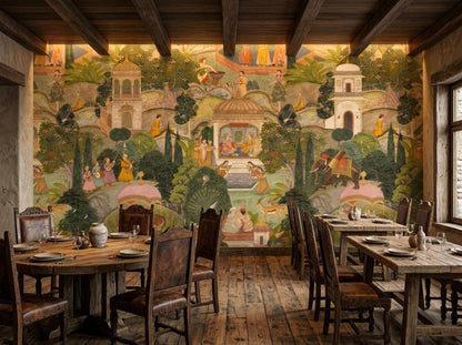 Several wooden dining tables and chairs are set within a rustic restaurant space featuring a colorful Indian miniature painting mural wallpaper.