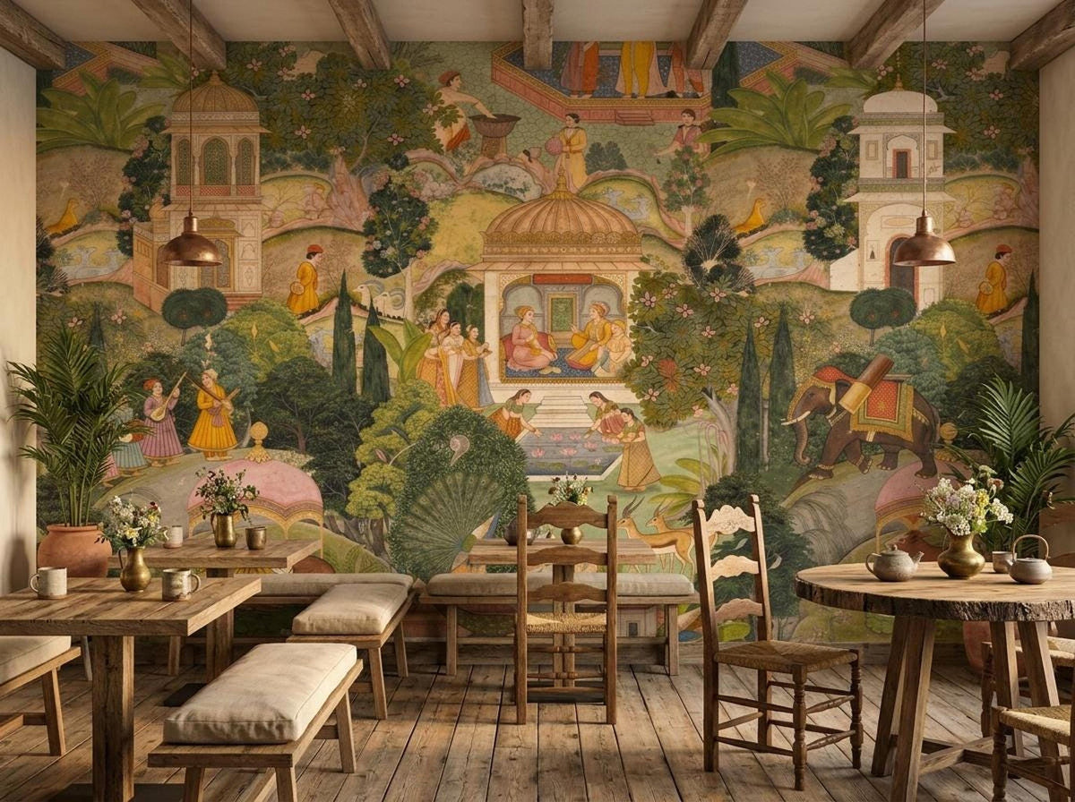 A dining room setup features wooden tables and chairs set against an intricate Indian miniature painting mural wallpaper with botanical and architectural details.