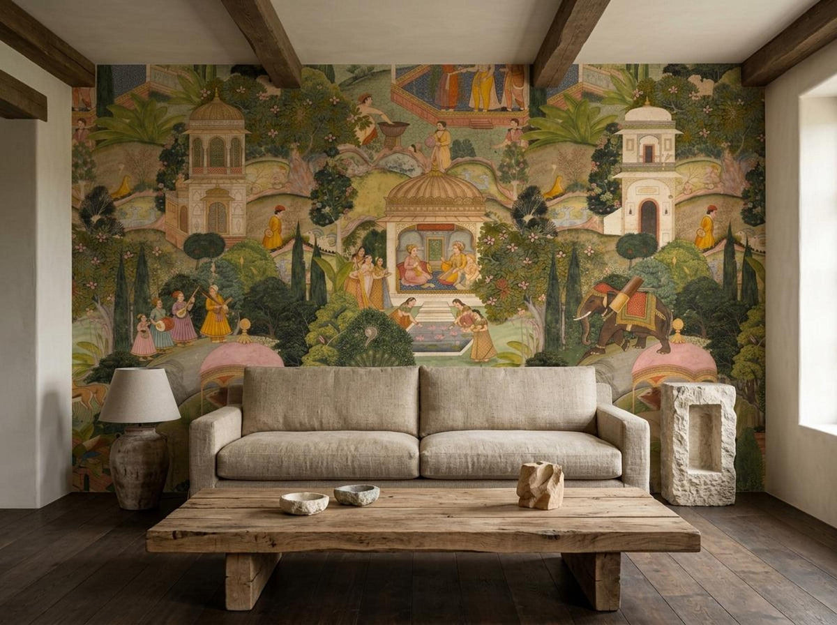 A neutral beige sofa is positioned in front of an expansive Indian miniature painting mural wallpaper in a room with dark wood flooring and exposed beams.