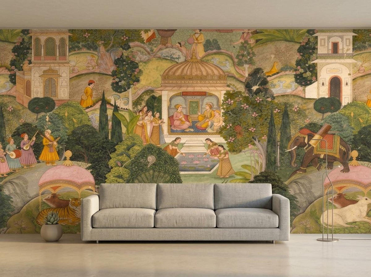 A modern neutral sofa sits against a large accent wall featuring an elaborate Indian miniature painting mural wallpaper with landscape and figural motifs.