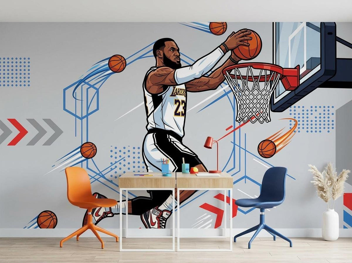 A comic-style basketball wall mural behind a light wood desk paired with an orange chair and a blue chair.