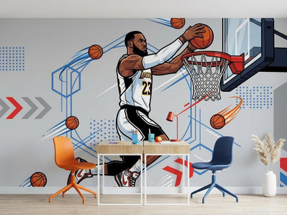 A comic-style basketball wall mural behind a light wood desk paired with an orange chair and a blue chair.