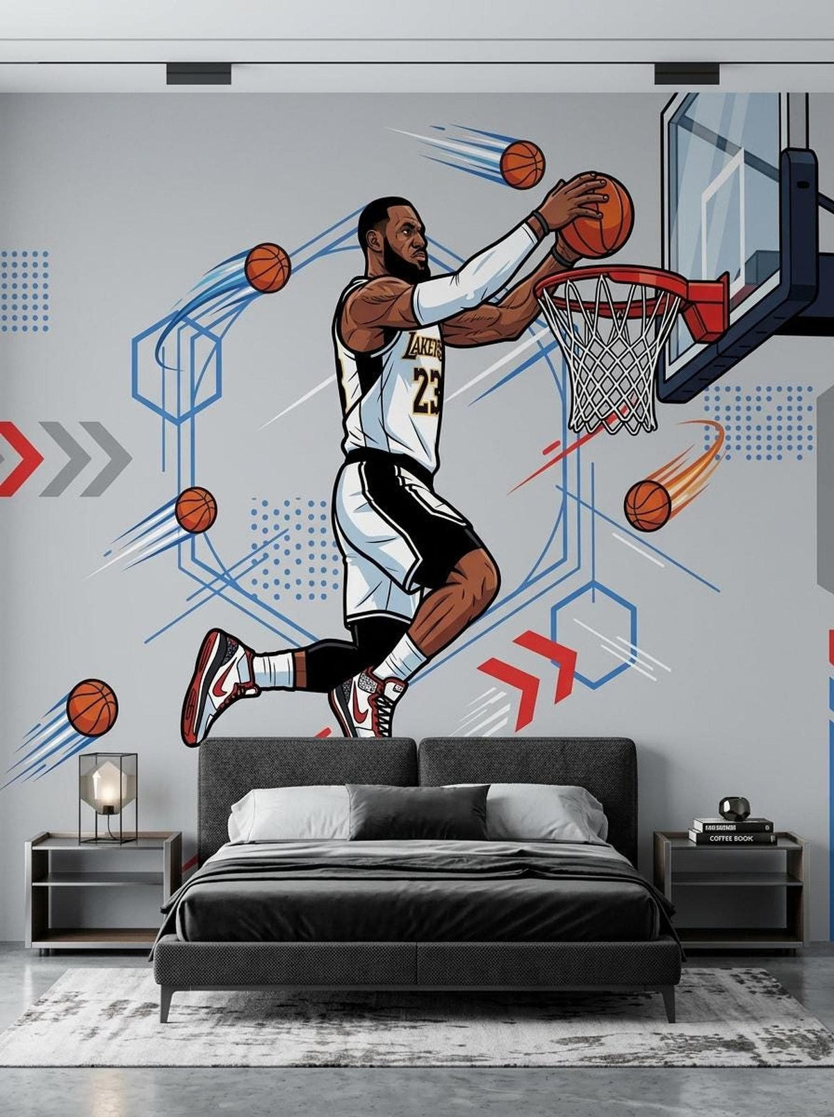 A comic-style basketball wall mural behind a dark gray upholstered bed with matching nightstands in a bedroom.