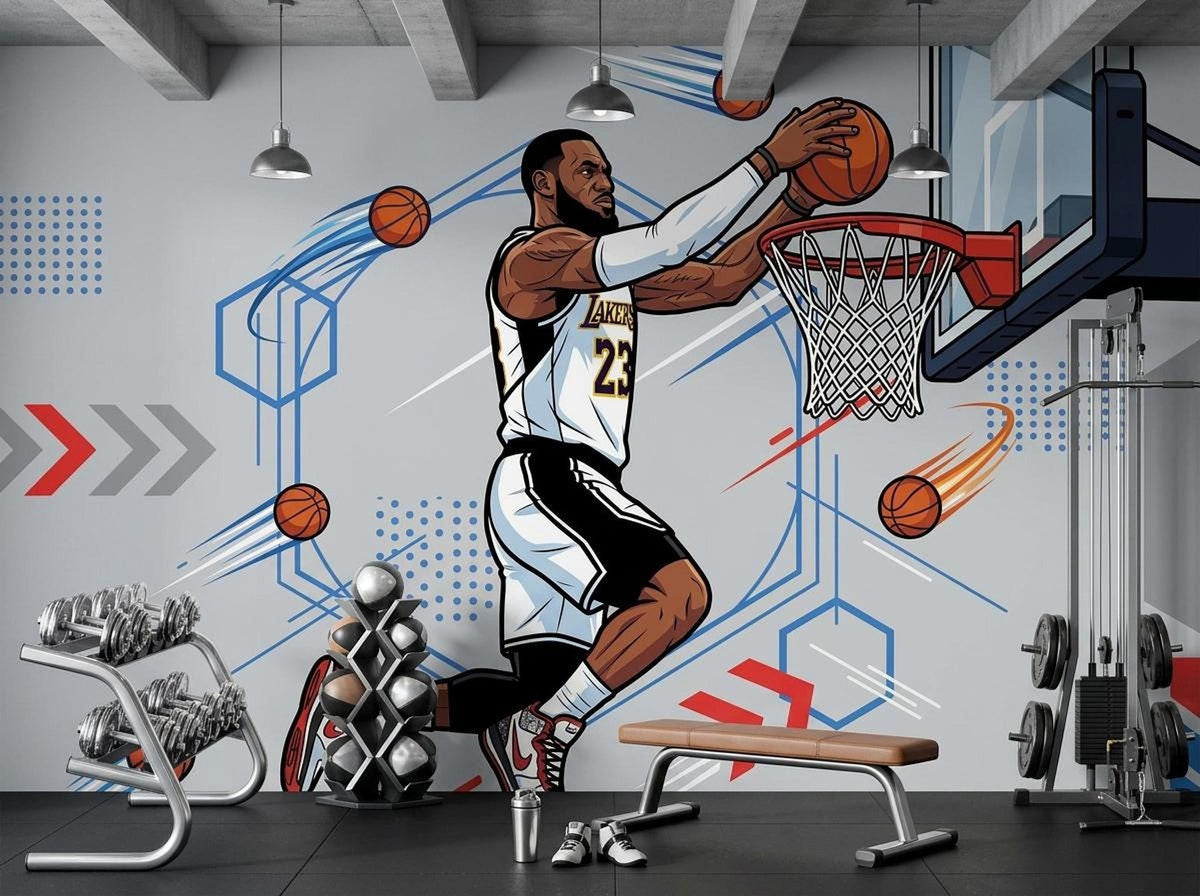 A comic-style basketball wall mural in a gym setting featuring a player in a yellow and white jersey dunking into a hoop.