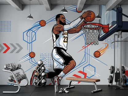 A comic-style basketball wall mural in a gym setting featuring a player in a yellow and white jersey dunking into a hoop.