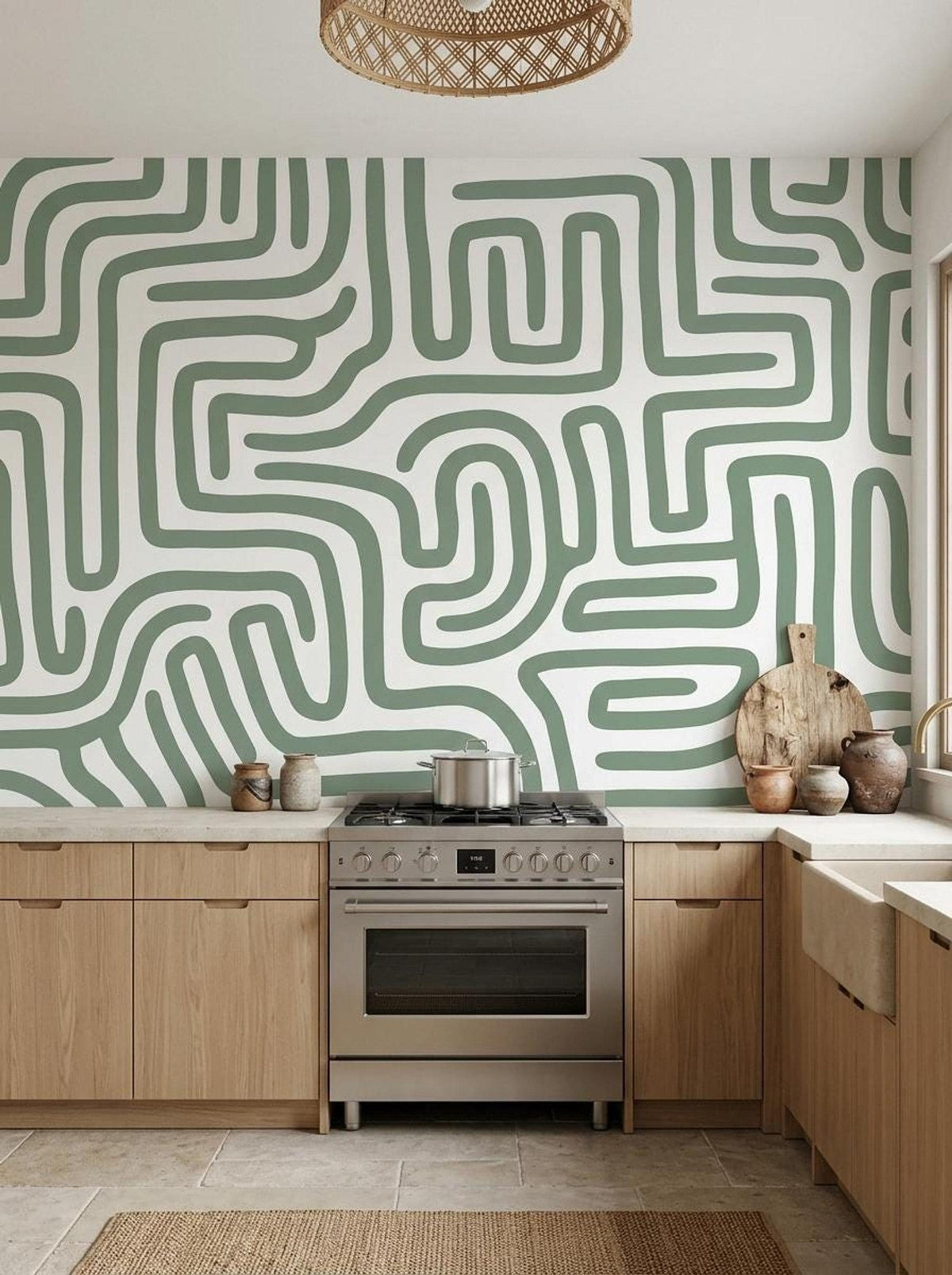 A kitchen backsplash featuring sage green maze pattern wallpaper above wooden cabinets and a stainless steel stove.