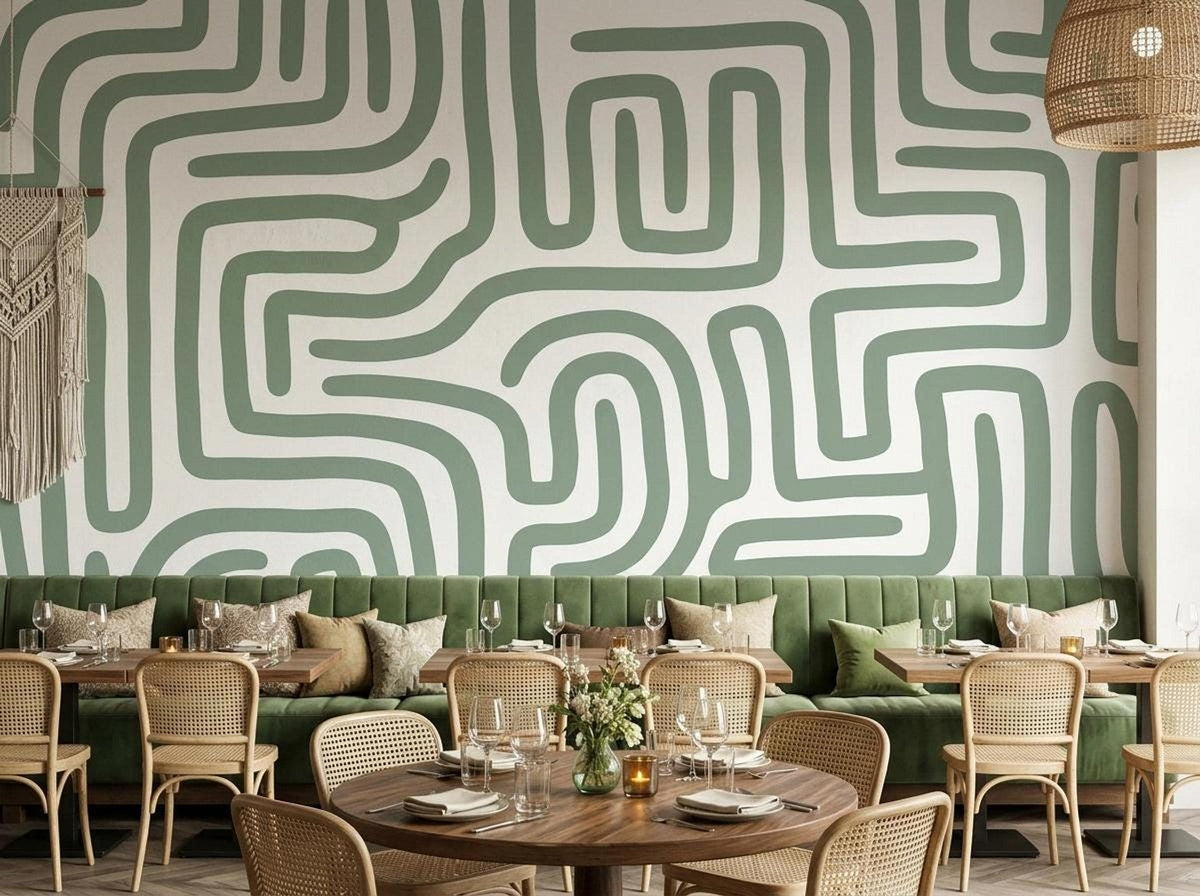 A dining space with a sage green maze mural on the back wall above a green cushioned banquette seating and wooden tables.