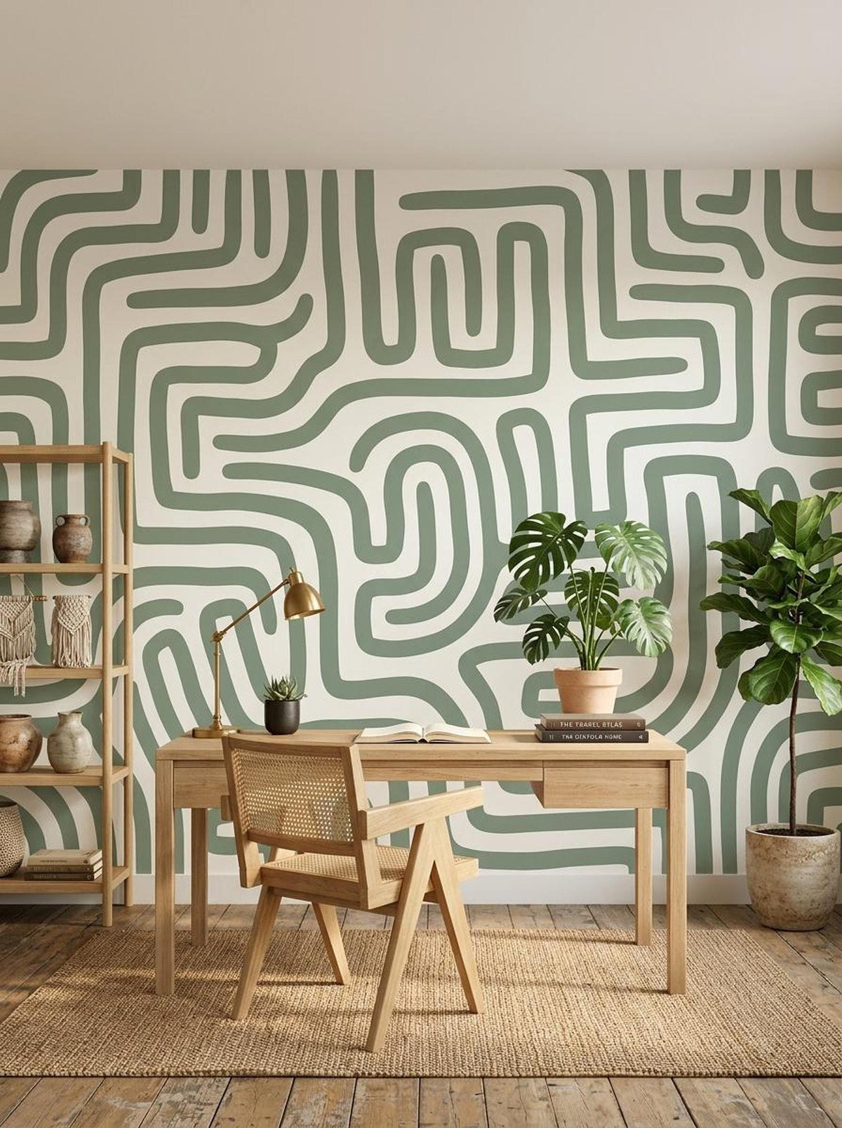 A home office setup with a sage green geometric line wallpaper accent wall behind a wooden desk, bookshelf, and potted plants.