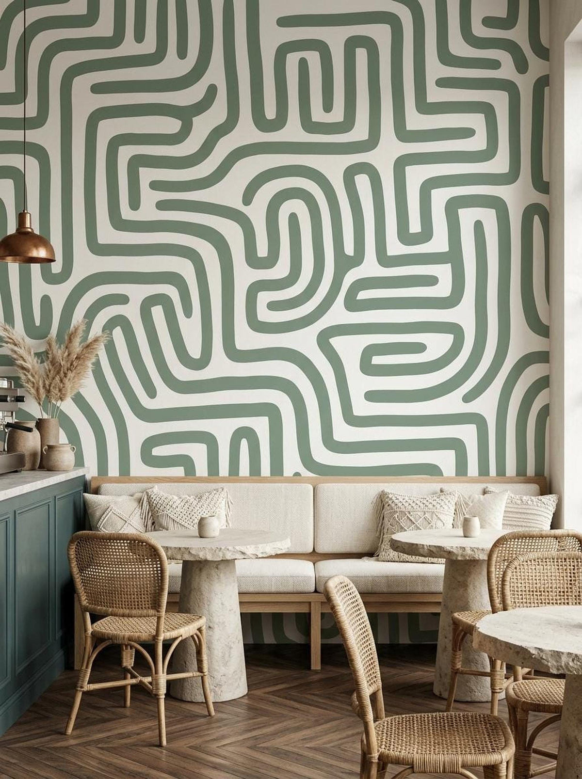 A restaurant seating area with sage green maze wallpaper behind a built-in booth, marble-topped tables, and rattan chairs.