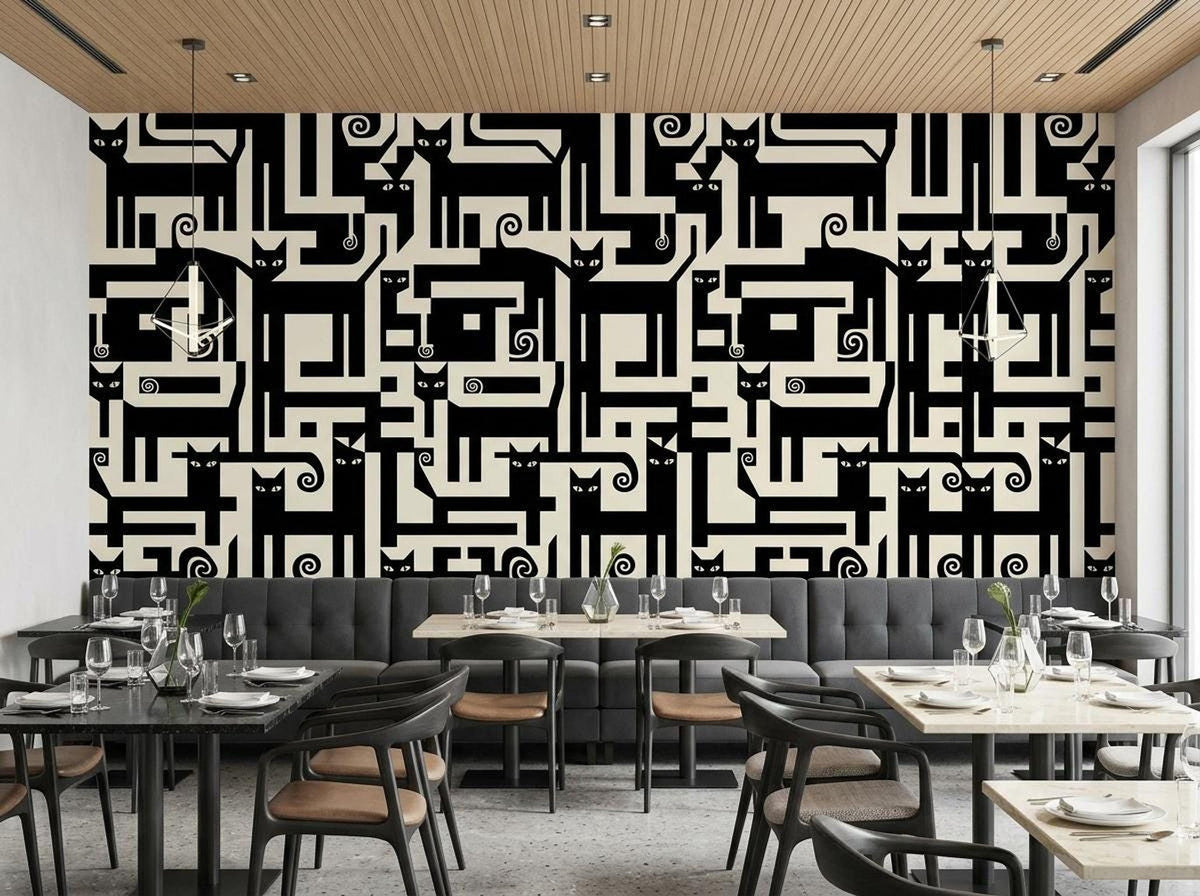 A restaurant interior shows tables, chairs, and booths backed by a large wall displaying a black and cream geometric cat wallpaper design.
