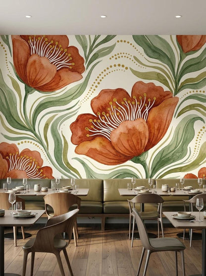 Large-scale watercolor floral wallpaper with terracotta blooms and green leaves, covering a wall in a restaurant with multiple tables and chairs.