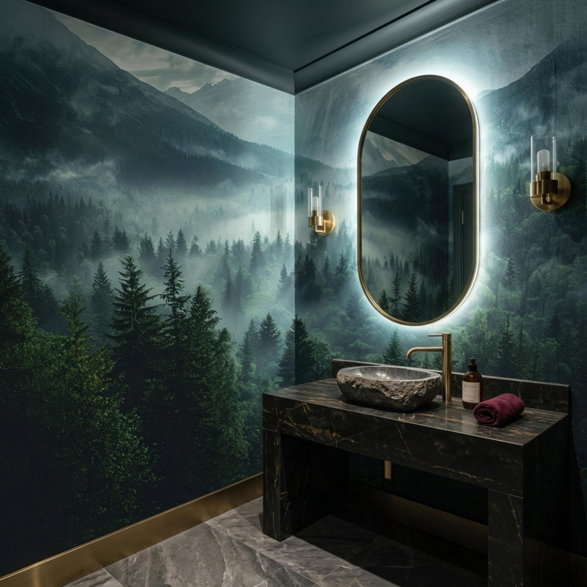A modern bathroom features a stone basin vanity with an oval backlit mirror set against a dark wall mural of misty mountains and pine trees.