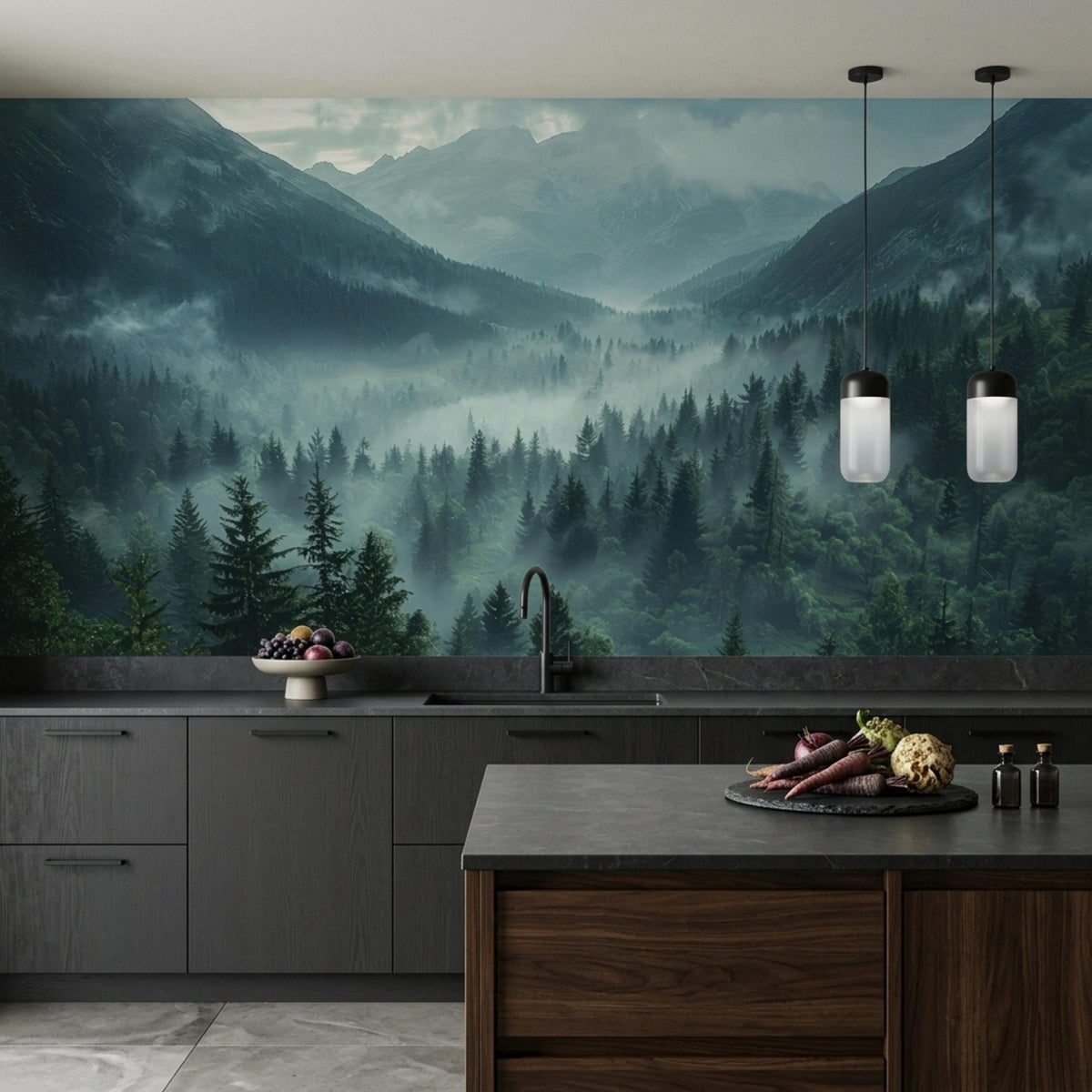A kitchen features dark grey cabinets, a wooden island, pendant lights, and a wall mural of a foggy pine forest and mountain range.
