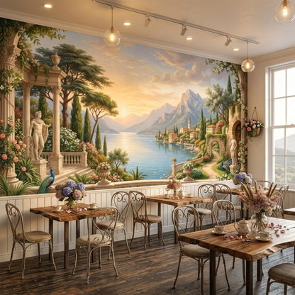 A dining room features wooden tables and chairs placed in front of an Italian landscape mural wall covering.