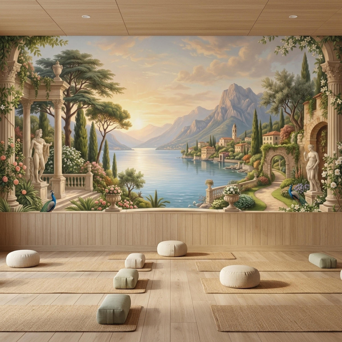 A yoga studio features neutral mats and meditation cushions arranged on a wood floor before an Italian landscape mural wall covering.